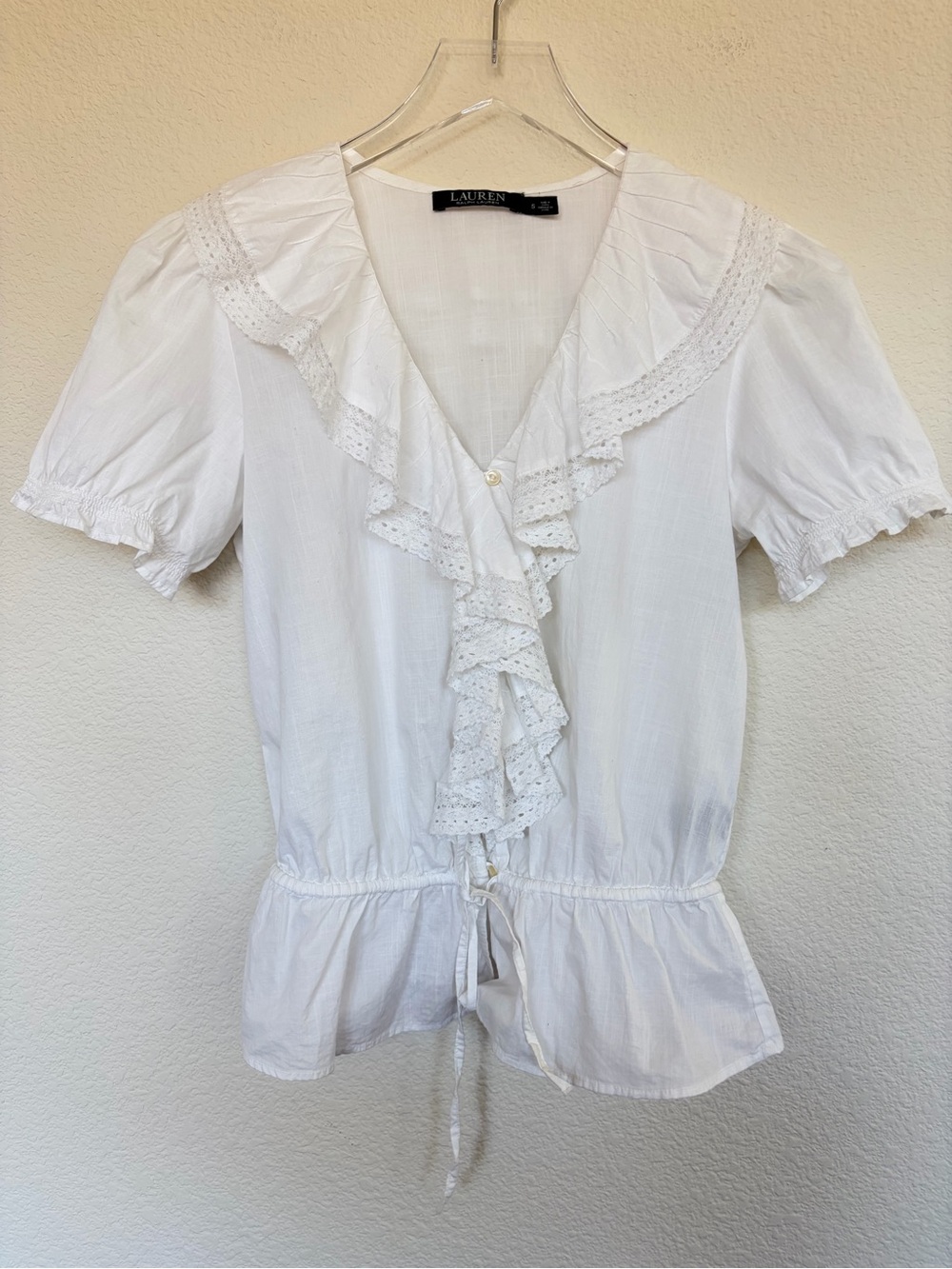 Lauren Ralph Lauren White Ruffle V‑Neck Peplum Blouse | S